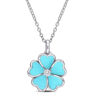 EVERLY JEWELRY | Sterling Silver 1/10ct TGW White Topaz Light Blue Enamel Plated Flower Pendant with Chain, 17 inc - 1 of 4