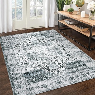 Runner Rug Kitchen Hallway Entryway – Vintage Floral Oriental Design Non-Slip Stain Resistant Low Pile Floor Covering