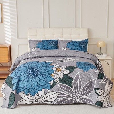 Acoinel Lightweight Polyester Fabric Bedspread Set Blue Blooms