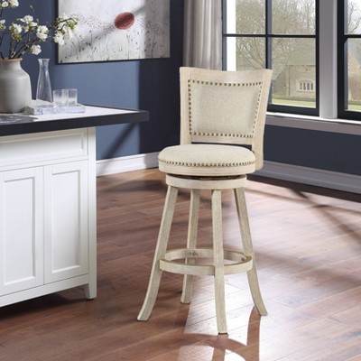 Ivory Wire-Brush Swivel Wood Bar Stool with Linen Upholstery