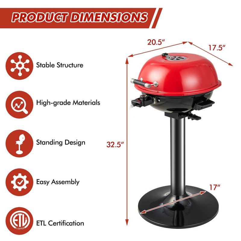 Costway Portable 1600W Electric BBQ Grill with Temperature Control & Grease Collector Red/Black, 4 of 11