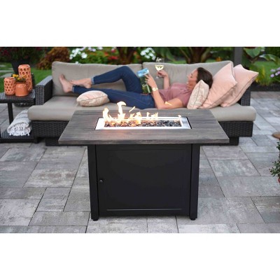 Kamden 40" x 28" Black Steel Gas Fire Pit Table with Faux Wood Mantel