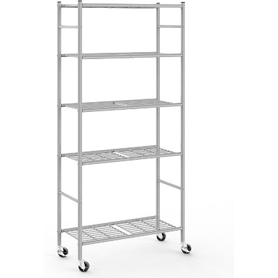 Storage Shelves Organizer - 5 Tier Metal Shelf Organizer with Metal Wheels and Adjustable Leveling Feet