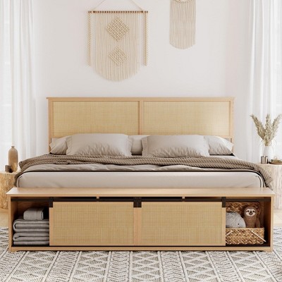 Natural Rattan Bed Frame with Sliding Barn Door Storage Cabinets and Led Light Headboard