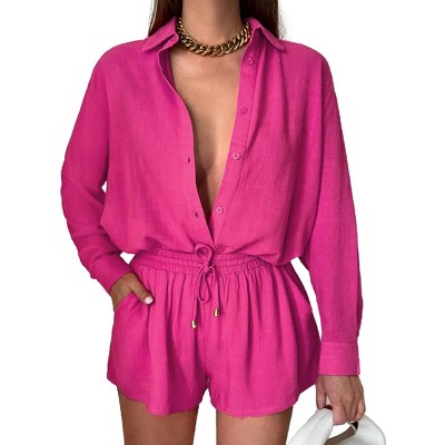 Women's Casual 2 Piece Lounge Set with Long Sleeve Button Down Shirt and High Waist Drawstring Shorts