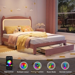 Bed Frame with LED Lights & Cat Headboard, Velvet Upholstered Platform Bed, No Box Spring Needed, App/Remote Control - 1 of 4