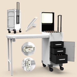 New Upgrade Rolling Manicure Table Foldable Nail Desk With 3 Drawers, Mirror & Nail Polish Organizer - White - 1 of 4