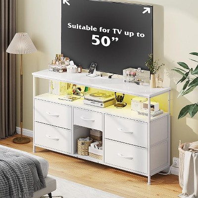 Gericco LED TV Stand with 5 Fabric Drawers and Power Outlet for 55 60 65 Inch TVs, Entertainment Center with Open Storage Shelves Beige
