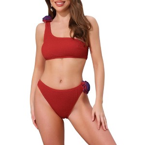 INSPIRE CHIC Women's 3D Rose Floral One Shoulder Ribbed Bikini Sets, Triangle Bottoms Swimwear Bathing Suits 1 Set - 1 of 4