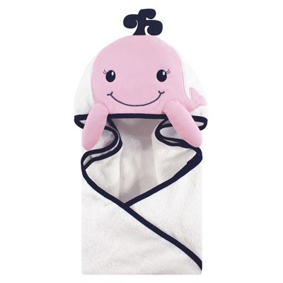 Hudson Baby Infant Girl Cotton Animal Face Hooded Towel, Girl Whale, One Size