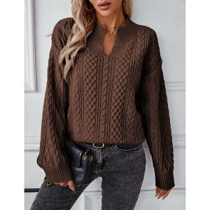 Coolmee Women Vintage V Neck Open Long Sleeve Loose Cable Knit Pullover Sweater - 1 of 4