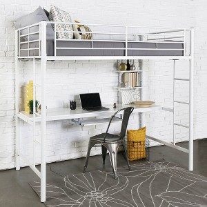 Premium Metal Twin Loft Bed with Wood Workstation - White - Saracina Home
