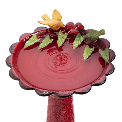 Red Metal Bird Bath with Birds and Leaves, 28-Inch