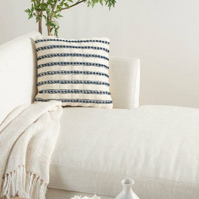 Ivory and Navy Woven Lines and Dots 18" Square Throw Pillow