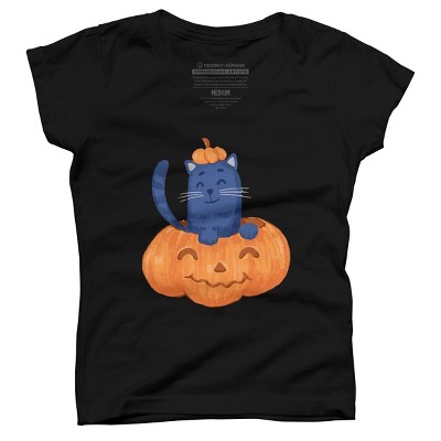 Girl's Design By Humans Halloween Cat In A Pumpkin By wubbadub T-Shirt