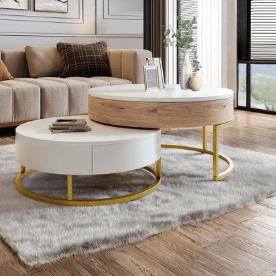 NicBex Modern Round Lift-Top Nesting Coffee Table with 2 Drawers and Metal Base for Living Room