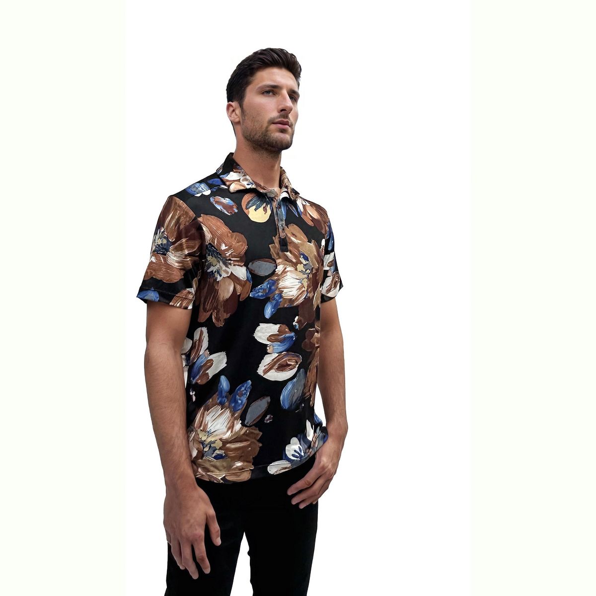 24seven men Wrinkle Resistant 3 Button Machine Washable Brown Floral Polo Shirt - thumbnail 2