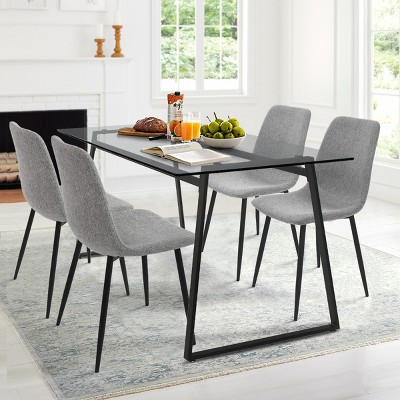 Mona+Bingo 5 Piece Black Rectangular Clear Tempered Transparent Glass Table with 4 Upholstered Side Chairs-Maison Boucle