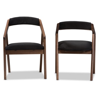 Elegant Mid-Century Modern Black Velvet and Walnut Wood Dining Chairs, Set of 2