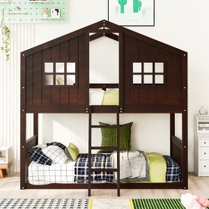 NicBex Twin over Twin Bunk Bed Roof Shape Loft Bed Pine Bed Frame with 2 Windows, Inclined Ladder and Guardrail, No Box Spring Required - 1 of 4