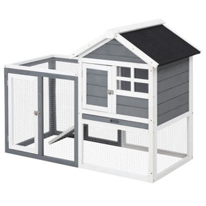 SKYONE 48" Fir Wood Rabbit Hutch with Asphalt Roof, Outdoor Run, Removable Tray & Ramp - - 1 of 4