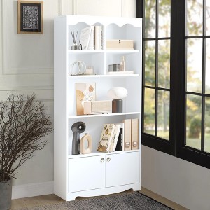 63" Tall Bookshelf with Doors, Modern Scalloped Design 5-Tier Storage Cabinet for Home Office & Living Room, Deep Storage Shelves for Heavy Books - 1 of 4