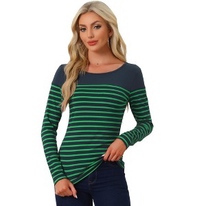 INSPIRE CHIC Women's Color Block Round Neck Long Sleeves Striped Basic T-Shirt - 1 of 4