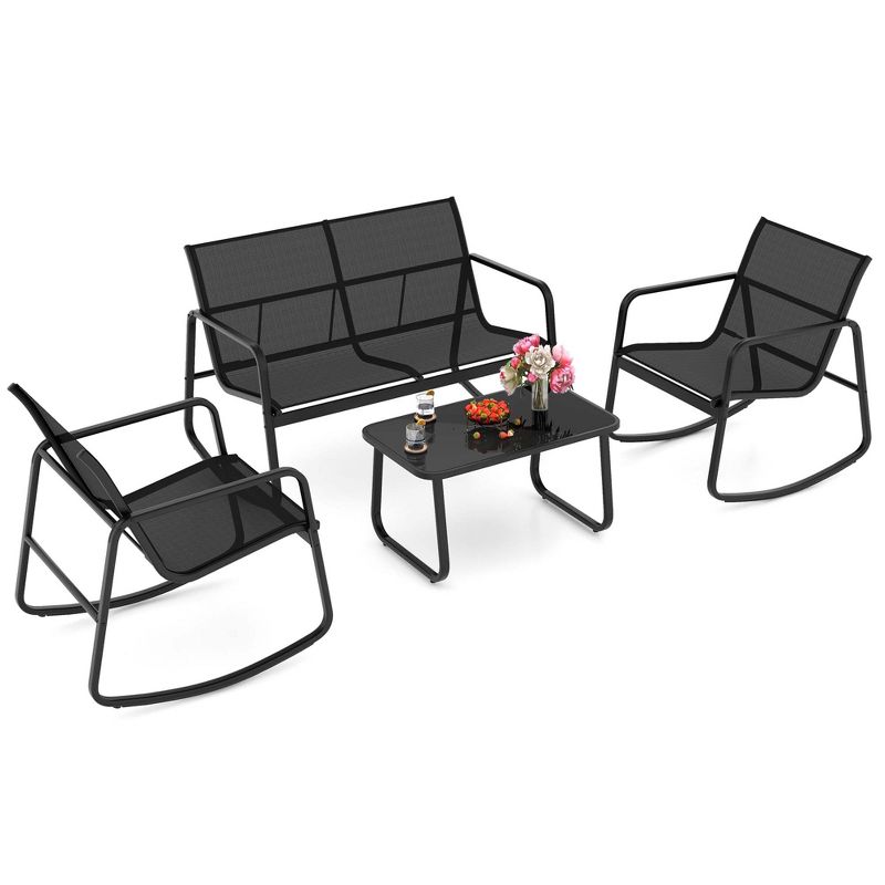 Costway 4/8 PCS Patio Rocking Set 4 Rocking Chairs & 2 Loveseat with Glass-Top Table Outdoor, 2 of 11