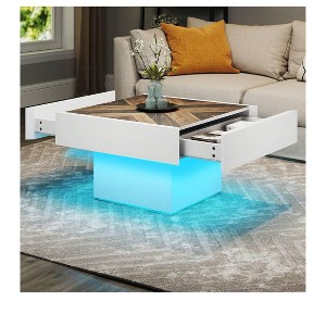 Farmhouse LED Coffee Tables Square Center Table With 2 Drawers Storage For Living Room Home Decor White - 1 of 4