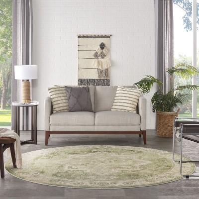 Ivory Green Round Synthetic Medallion Washable Rug 5'3"