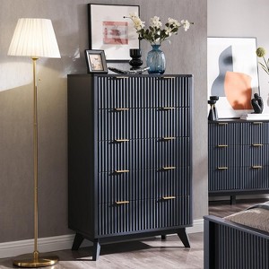SinCiDo 48" Tall Fluted Dresser, Modern 5 Drawer Chest w/ Faux Marble Top & Curved Profile, Wood Drawer for Hallway, Bedroom, Entryway - 1 of 4