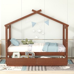 CAVINAS Twin/Full Size House Bed Frame with Drawers,Solid Wood Floor Bed for Kids Room,Bedroom - 1 of 4