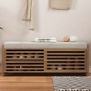 43.3" Shoe Cabinet Bench with Shutter-Style Slat Doors and Movable Cushion,Space-Saving Shoe Storage for Small Spacesand Entryways–The Pop Home - 2 of 4