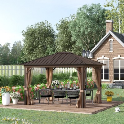 Brown Aluminum and Steel Hardtop Gazebo with Curtains