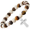 Steeltime Men's tiger eye, freshwater pearls and stainless steel double cross charm beaded bracelet. Color Options: Silver, Gold - 2 of 4
