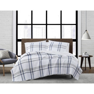 Twin XL 2pc Kent Plaid Quilt Set White/Blue - London Fog