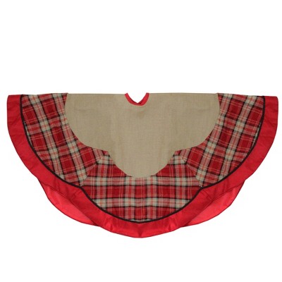 Northlight 48" Countryside Burlap and Red Plaid Christmas Tree Skirt with Scalloped Border