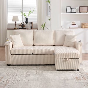 VASIP L-Shaped Sectional Sofa with Storage Ottoman,3-Seat Convertible Design with Cup Holders ,Corduroy Fabric for Living Room, Apartments,Beige - 1 of 4