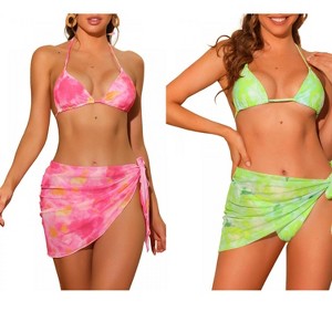 INSPIRE CHIC Women's Dye Halter Tie Triangle Swimsuits with Sarong Cover Ups Beach Skirt Bikini 2 Set - 1 of 4