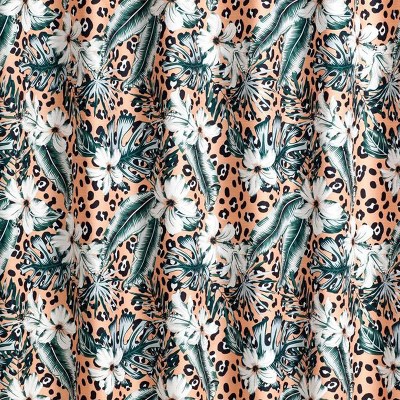 Tropical Fiesta Pink Leopard and Palm Print Fabric Shower Curtain