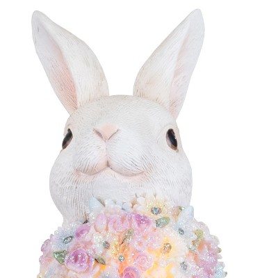 White Resin Bunny Figurine with Lighted Floral Bouquet