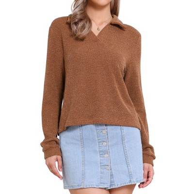 INSPIRE CHIC Women's Lapel Collar Polo V Neck Long Sleeve Pullover Knitted Blouse