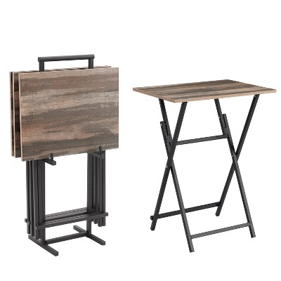 Vynxaria Folding Tables - 4-Piece No-Assembly TV Tray Set with Stand, Industrial Gray Snack Tables