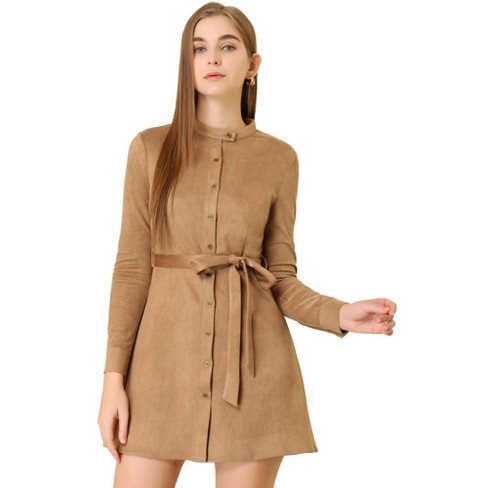 Allegra K Women's Long Sleeve Casual Faux Suede Belted Elegant Button Down  Mini Dress Camel Large : Target