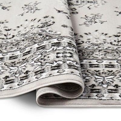 Gray Synthetic Stain-Resistant Traditional Medallion Area Rug