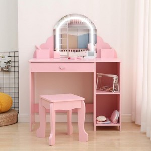 Kids Vanity with Mirror & Stool, Kids Makeup, Little Girls Vanity with Storage Drawer & Shelves for Girls 3-9 - 1 of 4