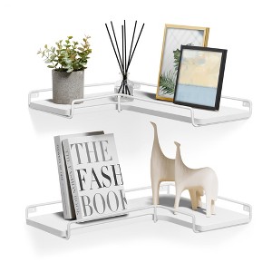 Set of 2 Corner Wall Shelves, Floating Corner Shelf Set with Raised Edges & Cable Slots, for Living Room Bedroom Kitchen - 1 of 4