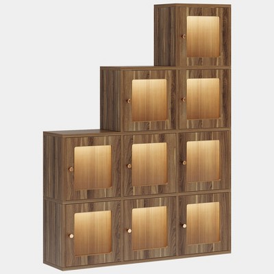 Tribesigns 9 Cubes Bookcase with Adjustable LED Light, 5-Tier Ladder Bookshelves and Wood Display Shelves with Acrylic Door