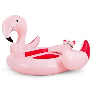 Tangkula 4-6 Persons Inflatable Flamingo Floating Island w/ Inner Loop & Floating Mat Blow-up Party Floatie with Electric Air Pump & 6 Cup Holders - 1 of 4