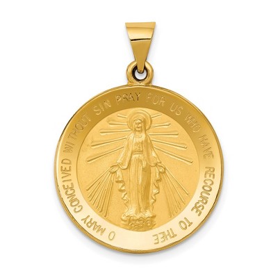 Black Bow Jewelry 14k Yellow Gold Hollow Round Miraculous Medal Pendant, 22mm (7/8 Inch)